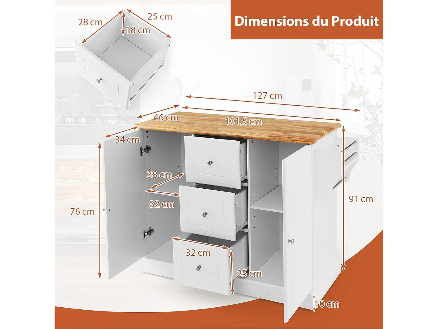 Ilot Central Cuisine Comptoir en Bois d'Hévéa, Desserte de Cuisine - 5 Roues Cachée 127x46x91,5cm