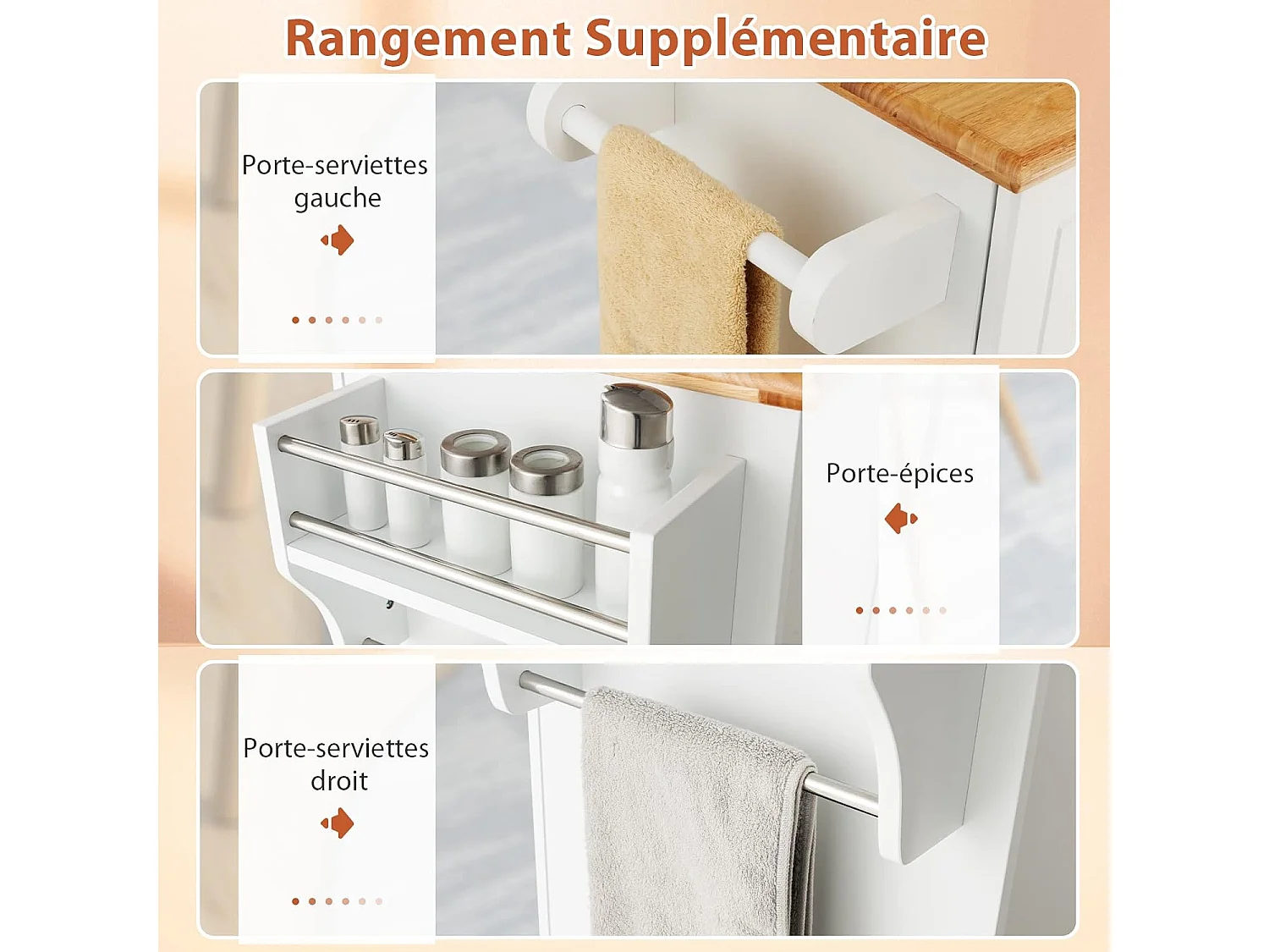 Ilot Central Cuisine Comptoir en Bois d'Hévéa, Desserte de Cuisine - 5 Roues Cachée 127x46x91,5cm