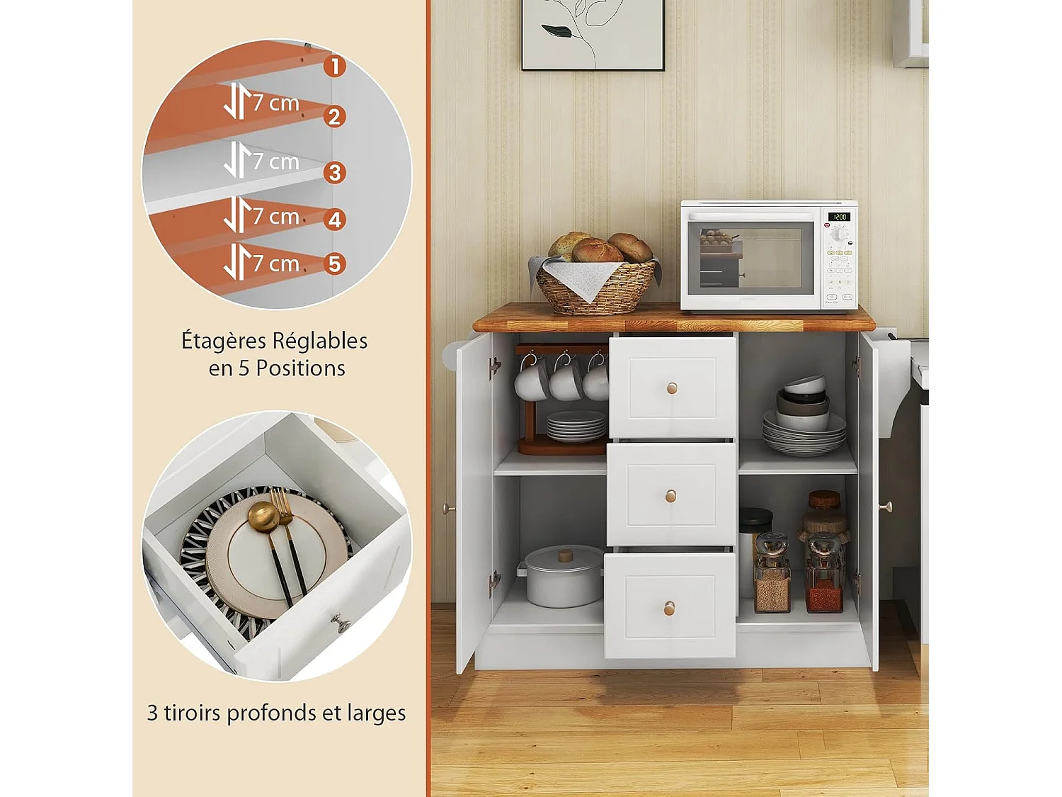 Ilot Central Cuisine Comptoir en Bois d'Hévéa, Desserte de Cuisine - 5 Roues Cachée 127x46x91,5cm