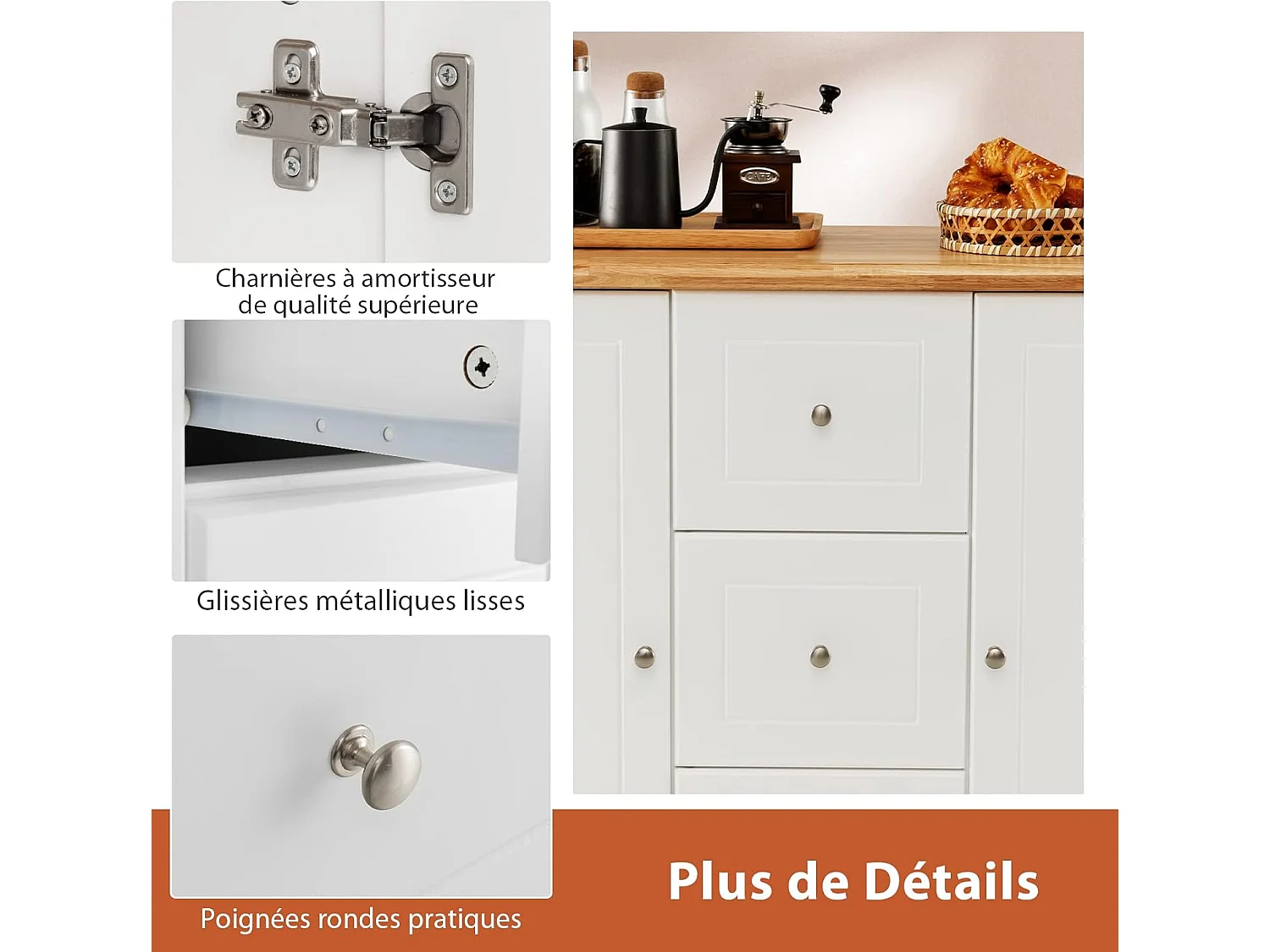 Ilot Central Cuisine Comptoir en Bois d'Hévéa, Desserte de Cuisine - 5 Roues Cachée 127x46x91,5cm