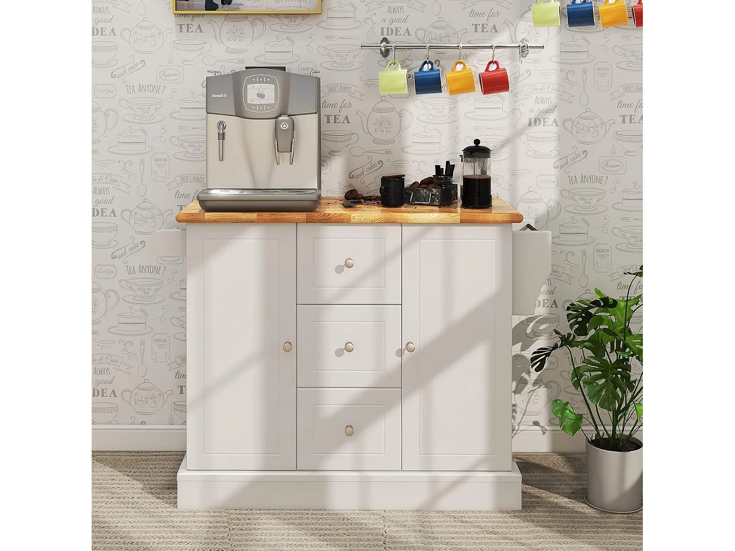 Ilot Central Cuisine Comptoir en Bois d'Hévéa, Desserte de Cuisine - 5 Roues Cachée 127x46x91,5cm