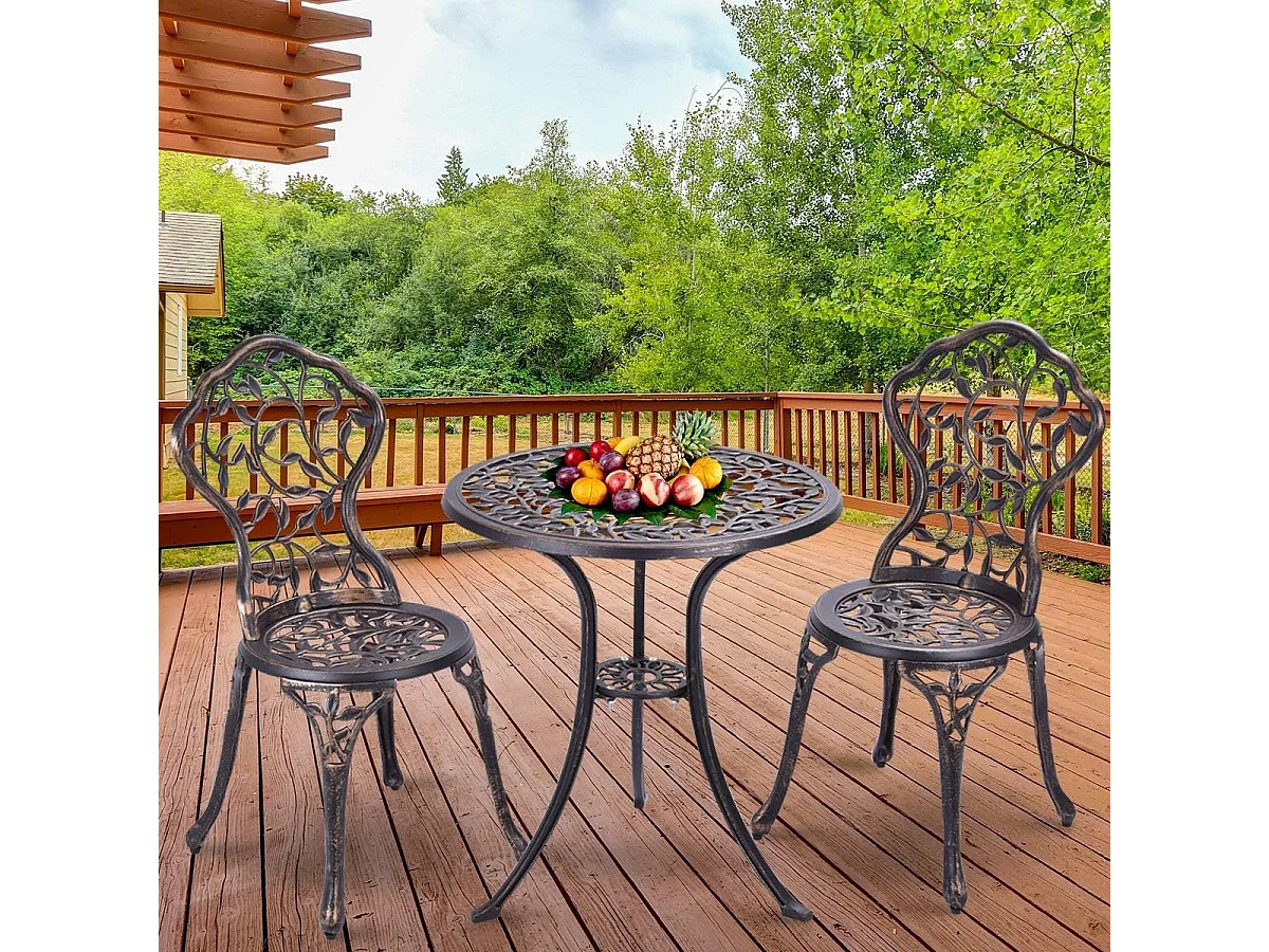 Salon de Jardin 3Pcs en Fonte Aluminium, Ensemble 2 Chaises et 1 Table Ronde Style Rétro avec Motif Feuille pour Balcon, Terasse, Jardin (Brun)