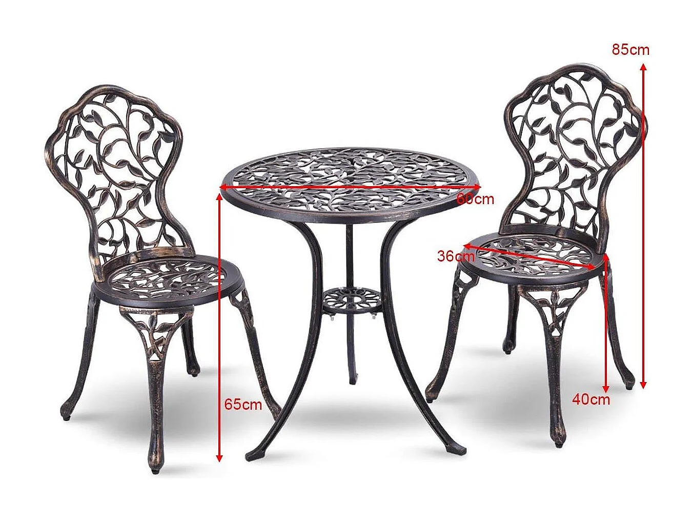Salon de Jardin 3Pcs en Fonte Aluminium, Ensemble 2 Chaises et 1 Table Ronde Style Rétro avec Motif Feuille pour Balcon, Terasse, Jardin (Brun)