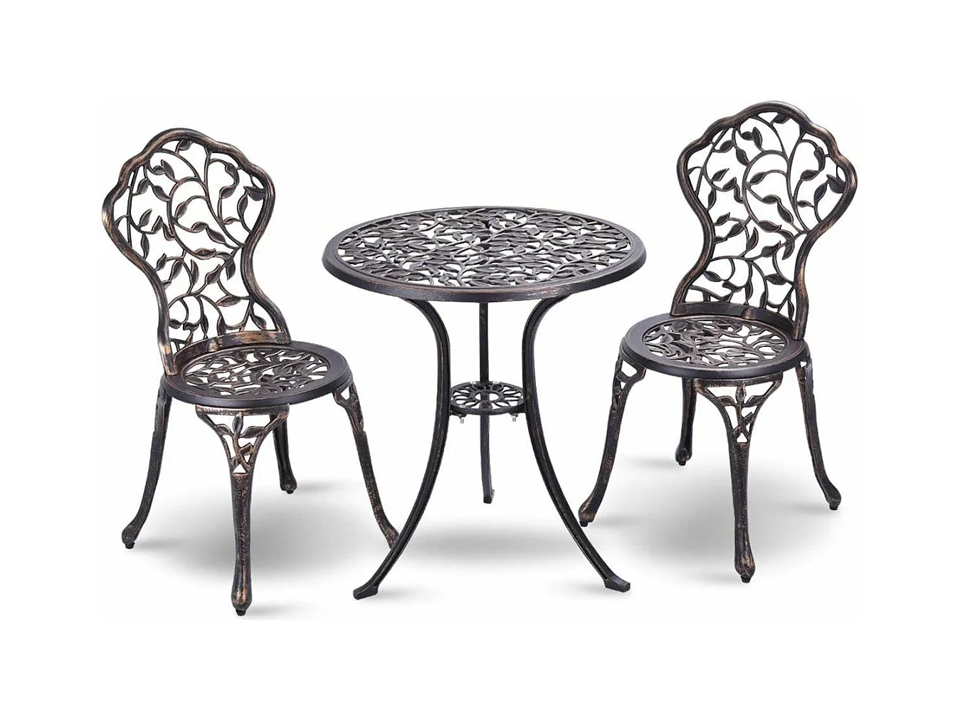 Salon de Jardin 3Pcs en Fonte Aluminium, Ensemble 2 Chaises et 1 Table Ronde Style Rétro avec Motif Feuille pour Balcon, Terasse, Jardin (Brun)