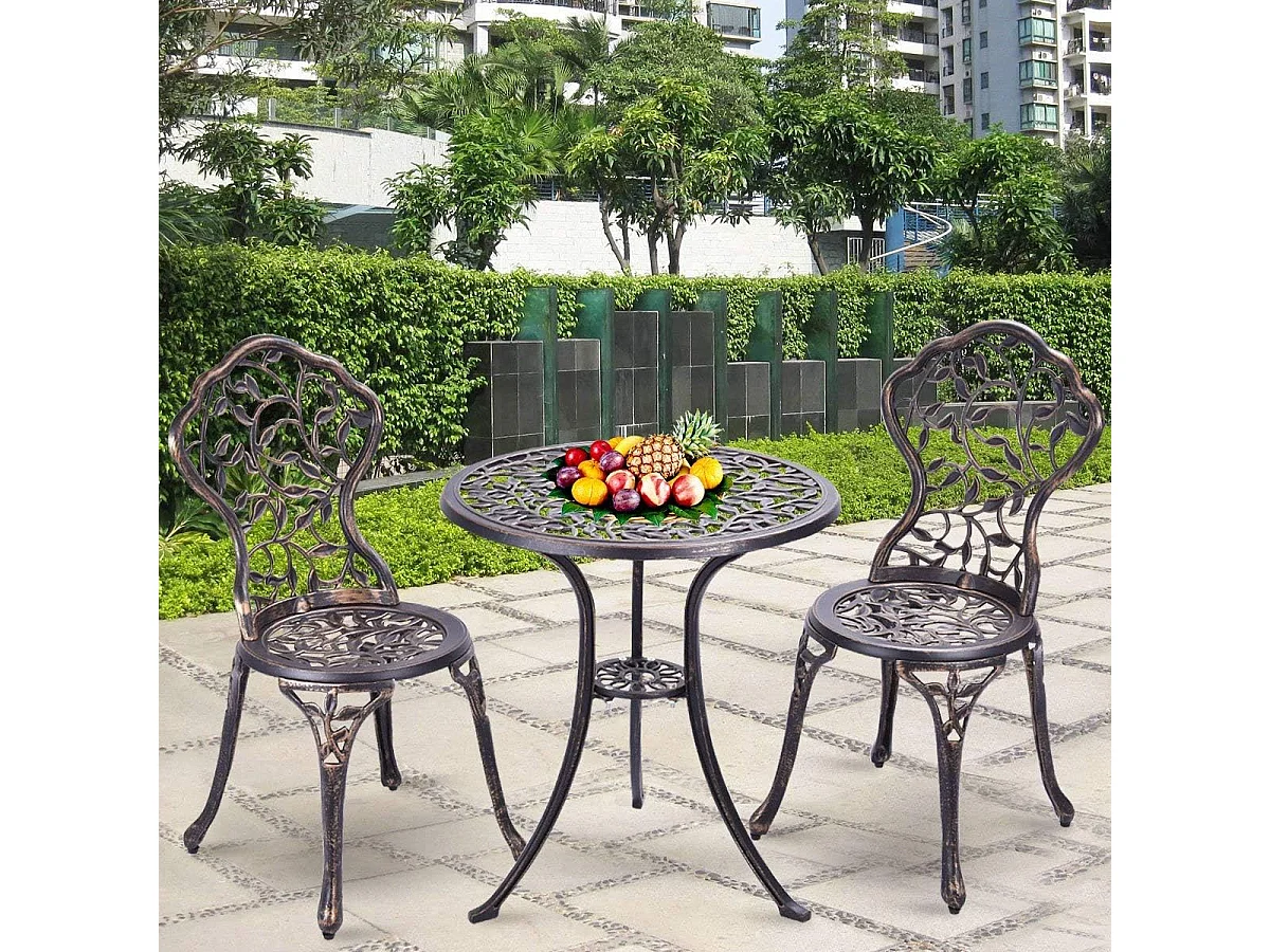 Salon de Jardin 3Pcs en Fonte Aluminium, Ensemble 2 Chaises et 1 Table Ronde Style Rétro avec Motif Feuille pour Balcon, Terasse, Jardin (Brun)