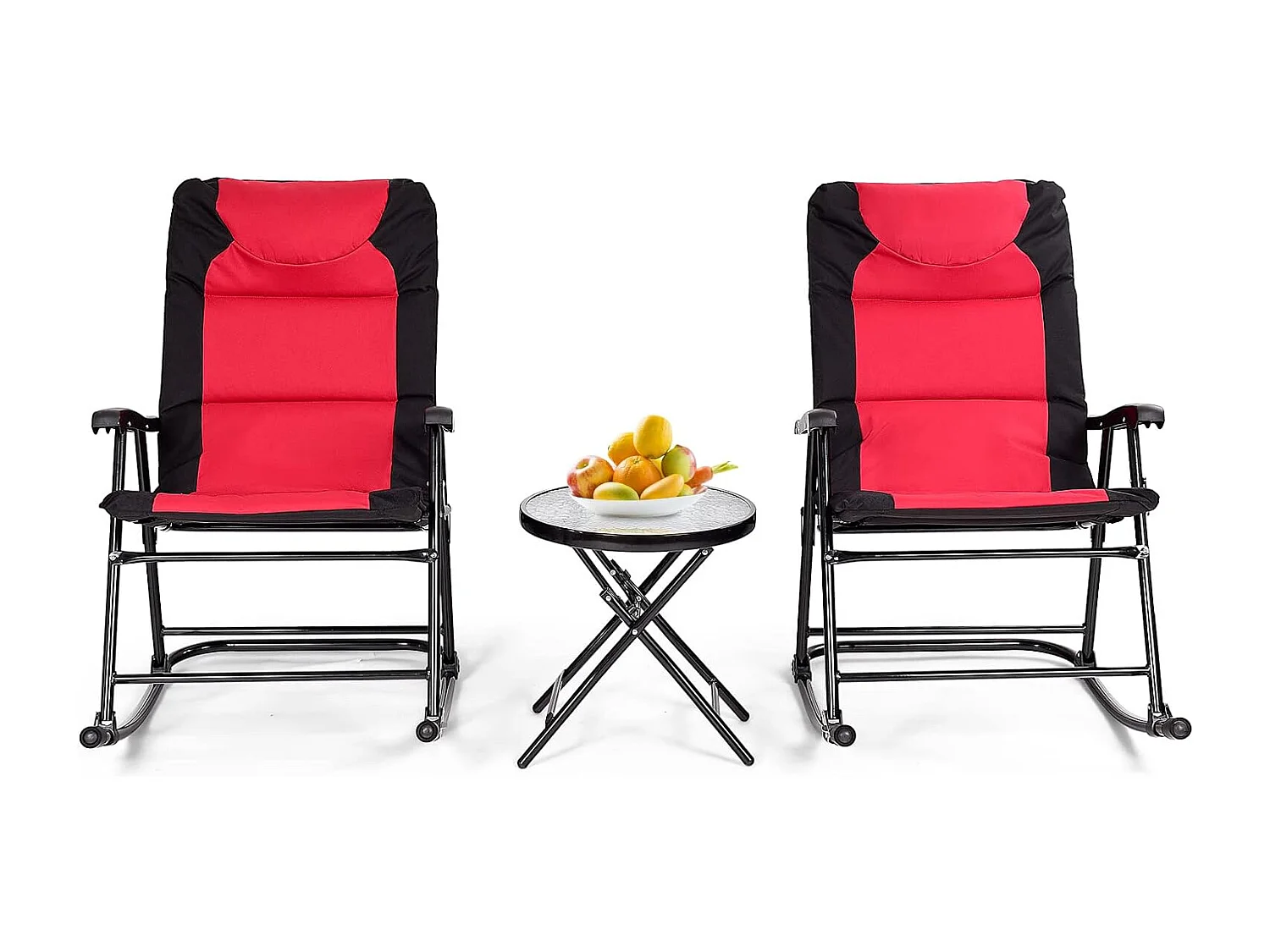 Ensemble de Jardin 3 PCS Table Basse en Verre avec 2 Chaises Extérieures à Bascule Pliables Coussins Rembourrés, Rouge