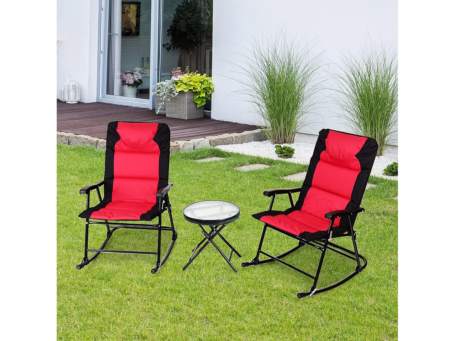 Ensemble de Jardin 3 PCS Table Basse en Verre avec 2 Chaises Extérieures à Bascule Pliables Coussins Rembourrés, Rouge