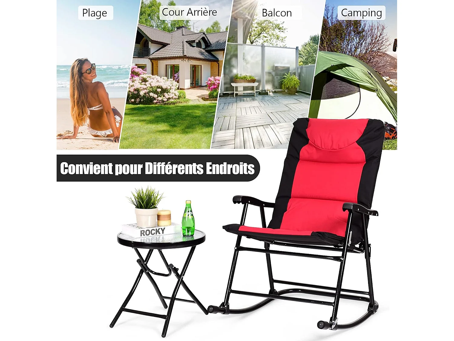 Ensemble de Jardin 3 PCS Table Basse en Verre avec 2 Chaises Extérieures à Bascule Pliables Coussins Rembourrés, Rouge