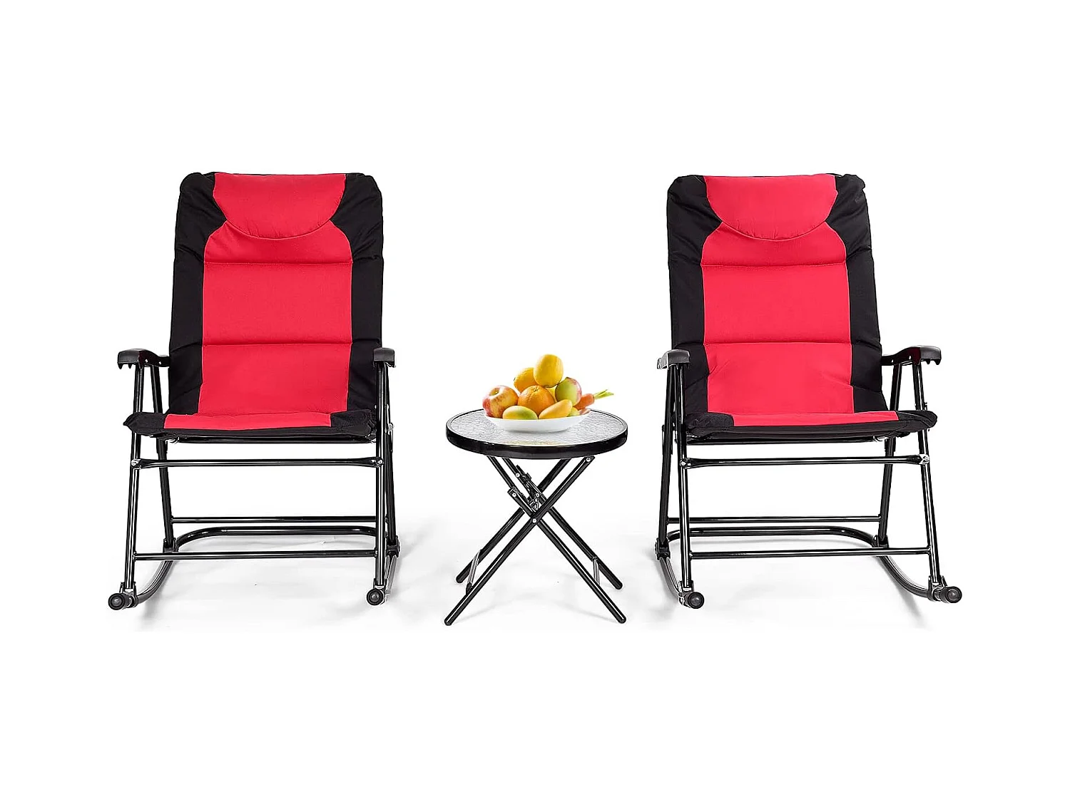 Ensemble de Jardin 3 PCS Table Basse en Verre avec 2 Chaises Extérieures à Bascule Pliables Coussins Rembourrés, Rouge