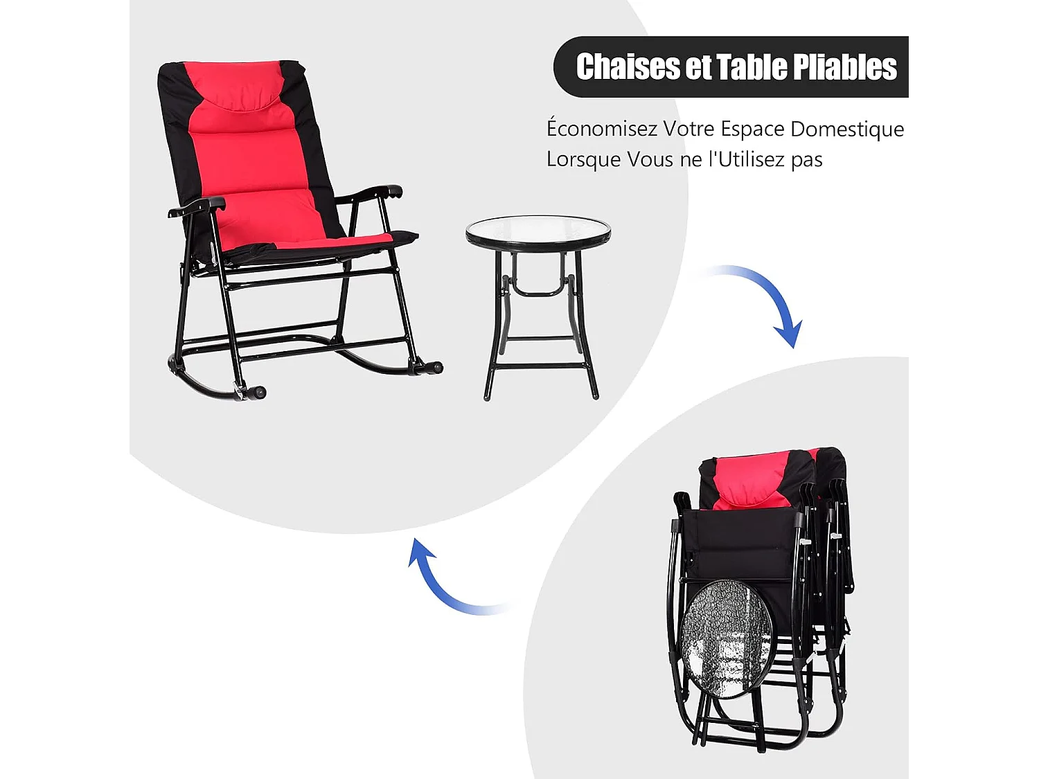 Ensemble de Jardin 3 PCS Table Basse en Verre avec 2 Chaises Extérieures à Bascule Pliables Coussins Rembourrés, Rouge
