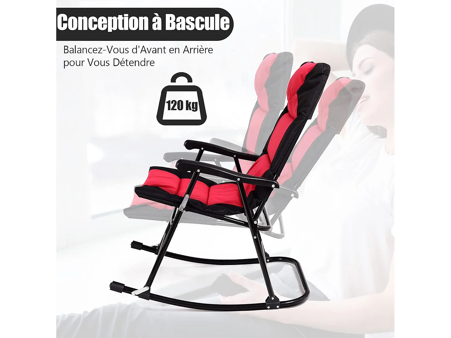 Ensemble de Jardin 3 PCS Table Basse en Verre avec 2 Chaises Extérieures à Bascule Pliables Coussins Rembourrés, Rouge