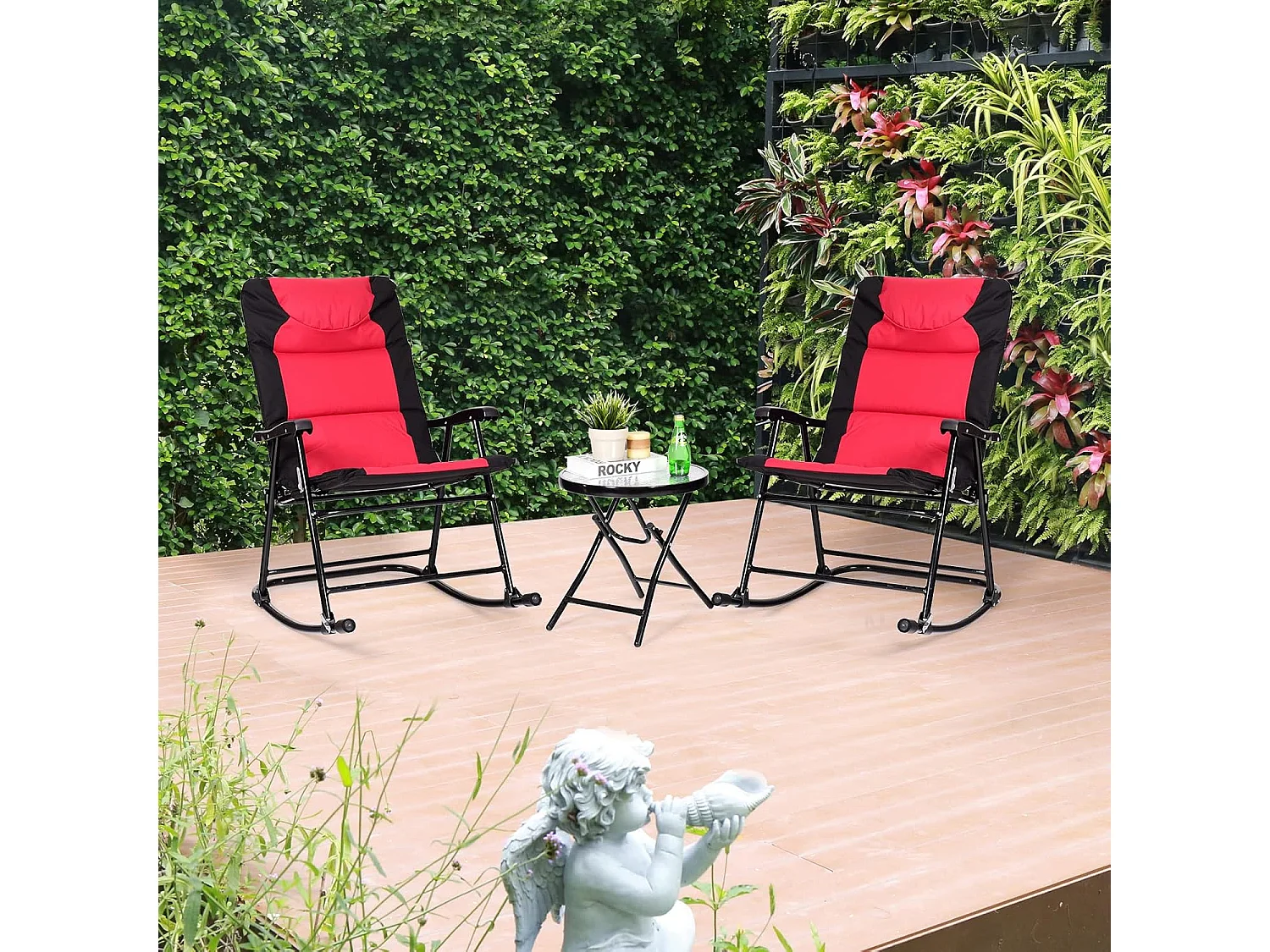 Ensemble de Jardin 3 PCS Table Basse en Verre avec 2 Chaises Extérieures à Bascule Pliables Coussins Rembourrés, Rouge