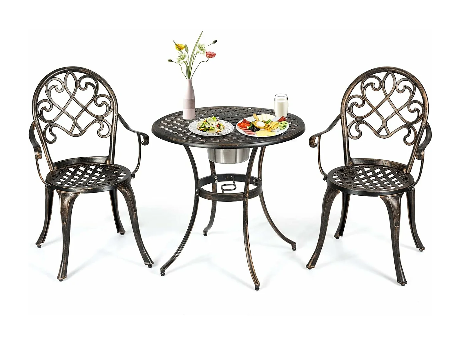 Ensemble Table et 2 Chaises pour Jardin 3 Pièces avec Seau à Glace Amovible Accoudoir en Fonte d'Aluminium, Salon de Jardin 3Pcs Style Antique, Charge 100KG (Bronze Antique)