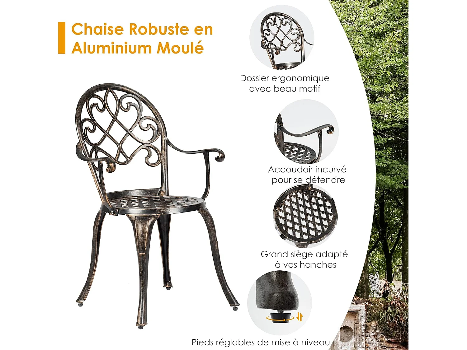 Ensemble Table et 2 Chaises pour Jardin 3 Pièces avec Seau à Glace Amovible Accoudoir en Fonte d'Aluminium, Salon de Jardin 3Pcs Style Antique, Charge 100KG (Bronze Antique)