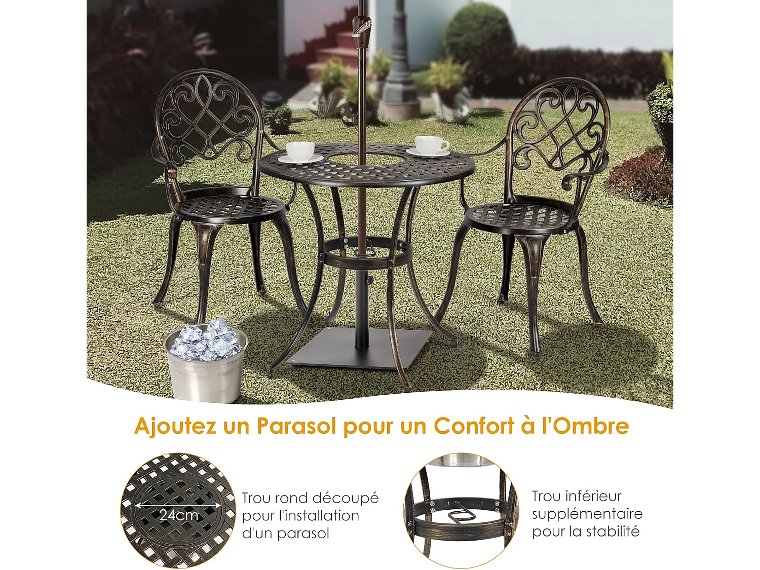 Ensemble Table et 2 Chaises pour Jardin 3 Pièces avec Seau à Glace Amovible Accoudoir en Fonte d'Aluminium, Salon de Jardin 3Pcs Style Antique, Charge 100KG (Bronze Antique)