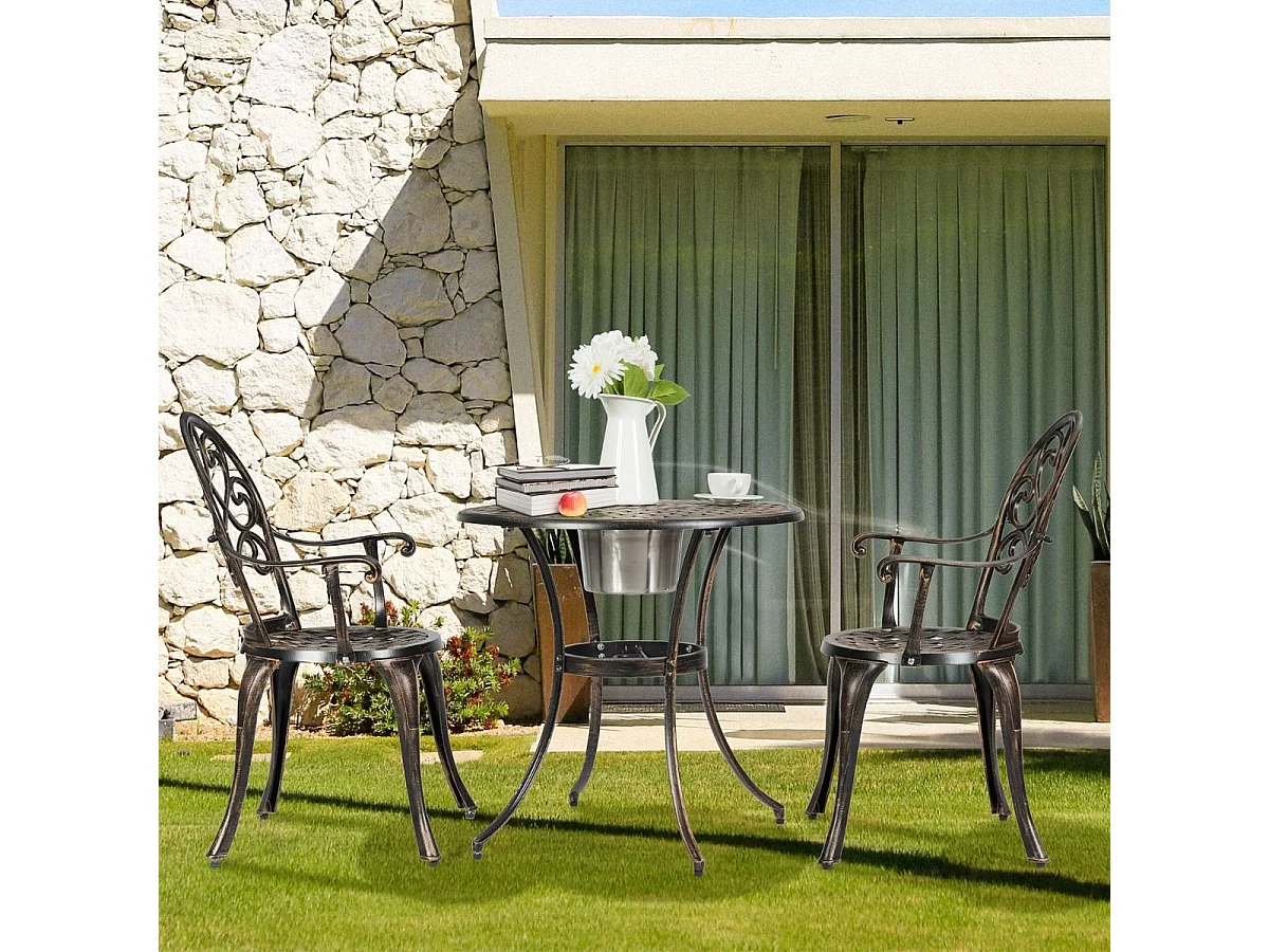 Ensemble Table et 2 Chaises pour Jardin 3 Pièces avec Seau à Glace Amovible Accoudoir en Fonte d'Aluminium, Salon de Jardin 3Pcs Style Antique, Charge 100KG (Bronze Antique)