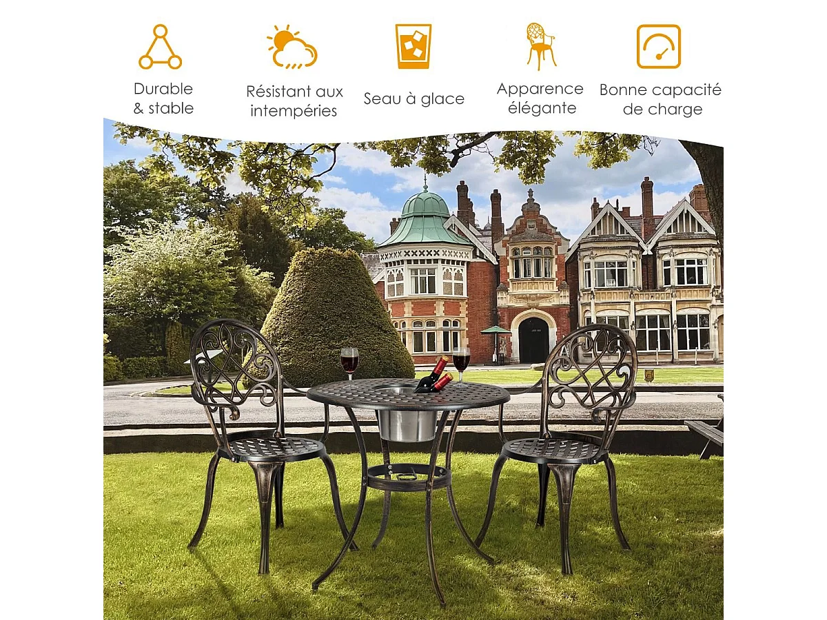Ensemble Table et 2 Chaises pour Jardin 3 Pièces avec Seau à Glace Amovible Accoudoir en Fonte d'Aluminium, Salon de Jardin 3Pcs Style Antique, Charge 100KG (Bronze Antique)