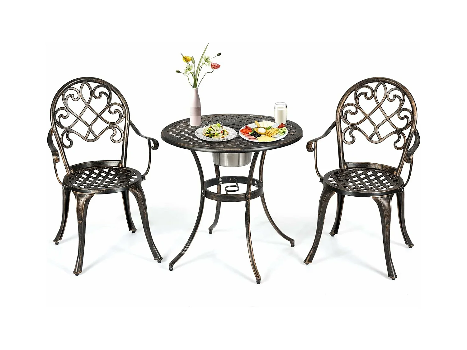 Ensemble Table et 2 Chaises pour Jardin 3 Pièces avec Seau à Glace Amovible Accoudoir en Fonte d'Aluminium, Salon de Jardin 3Pcs Style Antique, Charge 100KG (Bronze Antique)