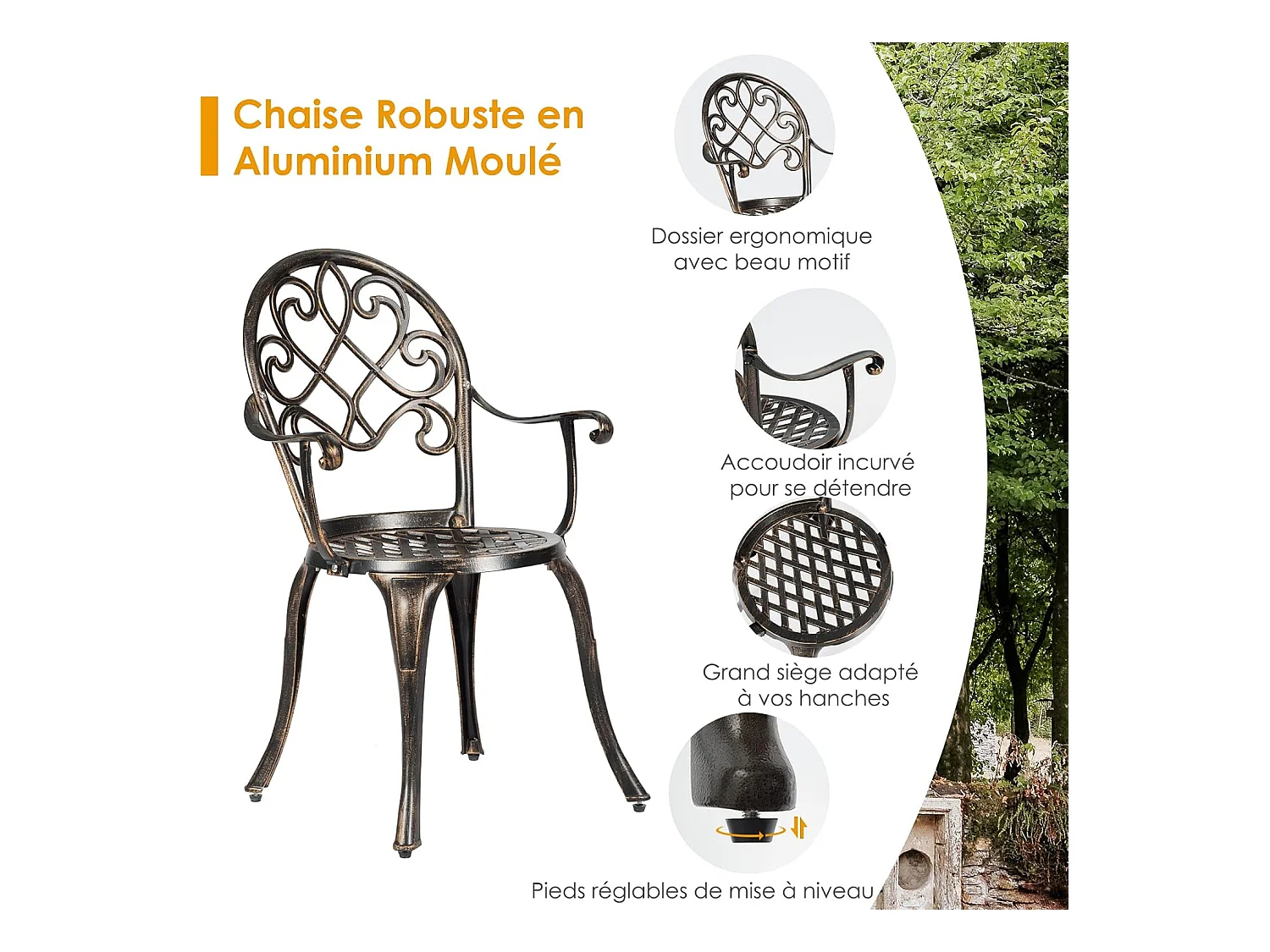 Ensemble Table et 2 Chaises pour Jardin 3 Pièces avec Seau à Glace Amovible Accoudoir en Fonte d'Aluminium, Salon de Jardin 3Pcs Style Antique, Charge 100KG (Bronze Antique)