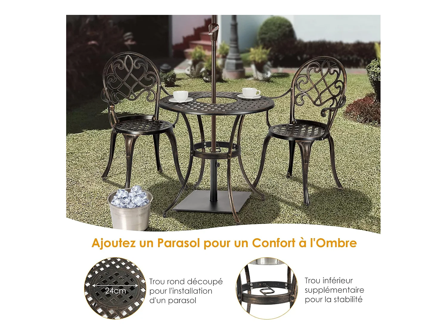 Ensemble Table et 2 Chaises pour Jardin 3 Pièces avec Seau à Glace Amovible Accoudoir en Fonte d'Aluminium, Salon de Jardin 3Pcs Style Antique, Charge 100KG (Bronze Antique)
