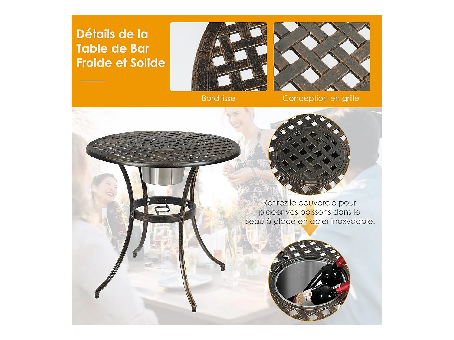 Ensemble Table et 2 Chaises pour Jardin 3 Pièces avec Seau à Glace Amovible Accoudoir en Fonte d'Aluminium, Salon de Jardin 3Pcs Style Antique, Charge 100KG (Bronze Antique)