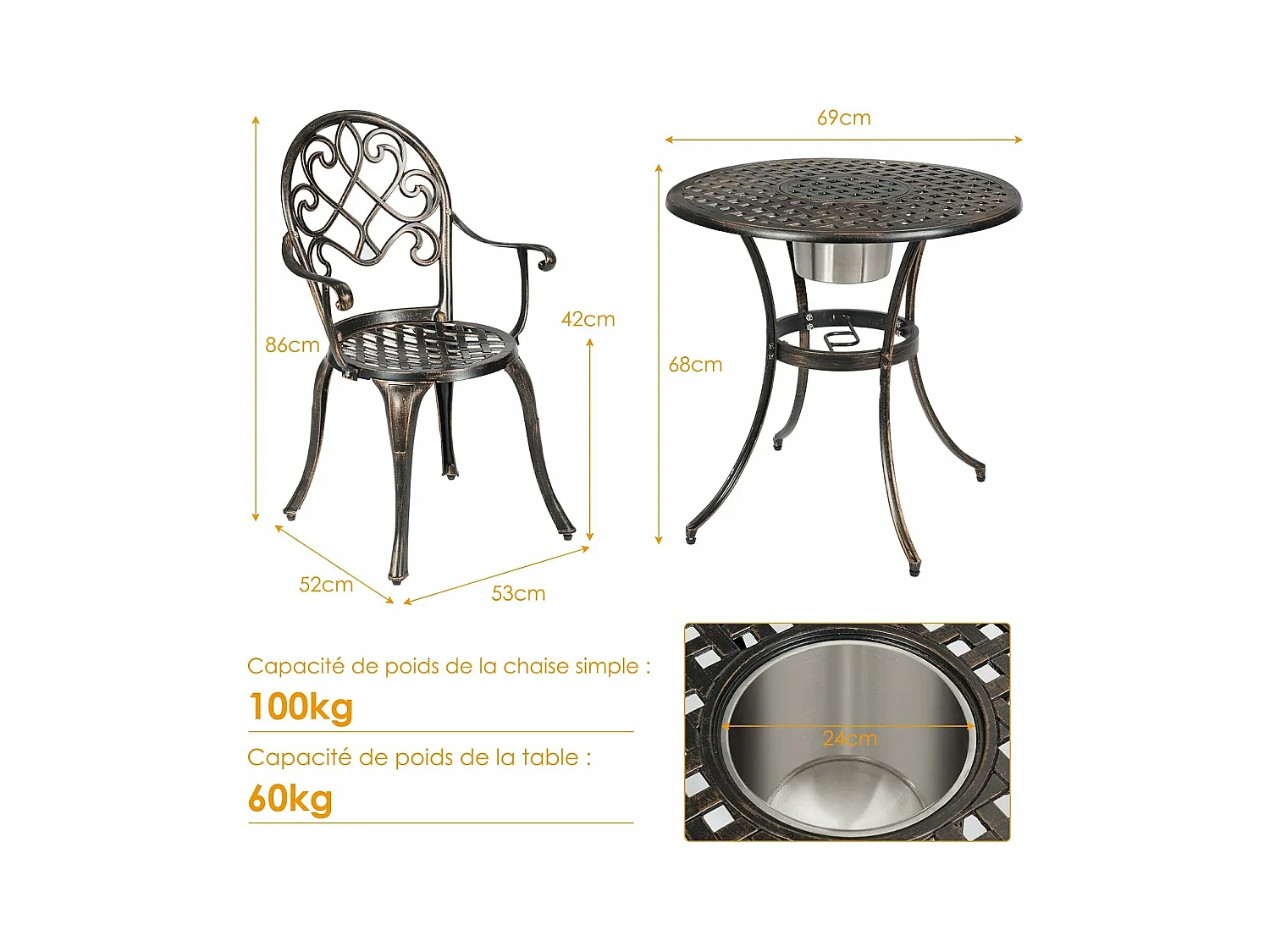 Ensemble Table et 2 Chaises pour Jardin 3 Pièces avec Seau à Glace Amovible Accoudoir en Fonte d'Aluminium, Salon de Jardin 3Pcs Style Antique, Charge 100KG (Bronze Antique)