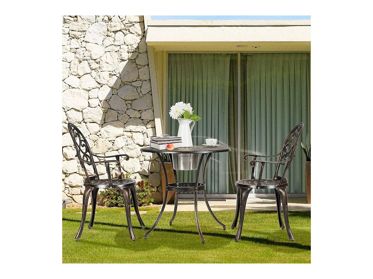 Ensemble Table et 2 Chaises pour Jardin 3 Pièces avec Seau à Glace Amovible Accoudoir en Fonte d'Aluminium, Salon de Jardin 3Pcs Style Antique, Charge 100KG (Bronze Antique)