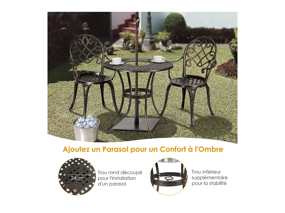 Ensemble Table et 2 Chaises pour Jardin 3 Pièces avec Seau à Glace Amovible Accoudoir en Fonte d'Aluminium, Salon de Jardin 3Pcs Style Antique, Charge 100KG (Bronze Antique)