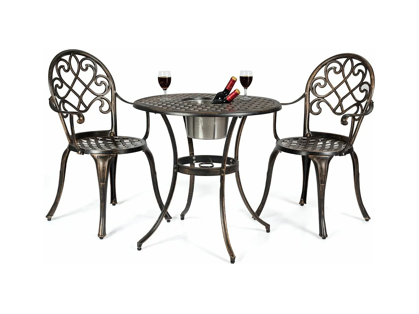 Ensemble Table et 2 Chaises pour Jardin 3 Pièces avec Seau à Glace Amovible Accoudoir en Fonte d'Aluminium, Salon de Jardin 3Pcs Style Antique, Charge 100KG (Bronze Antique)