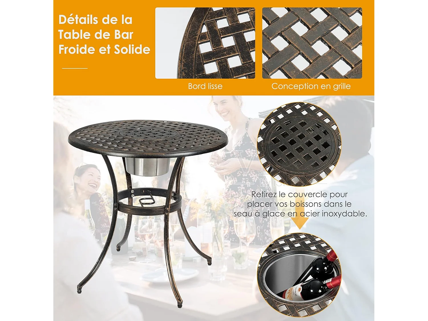 Ensemble Table et 2 Chaises pour Jardin 3 Pièces avec Seau à Glace Amovible Accoudoir en Fonte d'Aluminium, Salon de Jardin 3Pcs Style Antique, Charge 100KG (Bronze Antique)