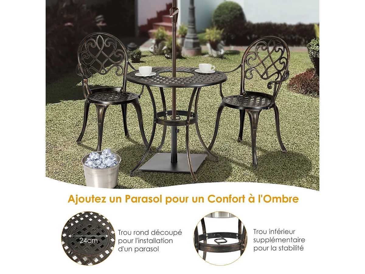 Ensemble Table et 2 Chaises pour Jardin 3 Pièces avec Seau à Glace Amovible Accoudoir en Fonte d'Aluminium, Salon de Jardin 3Pcs Style Antique, Charge 100KG (Bronze Antique)