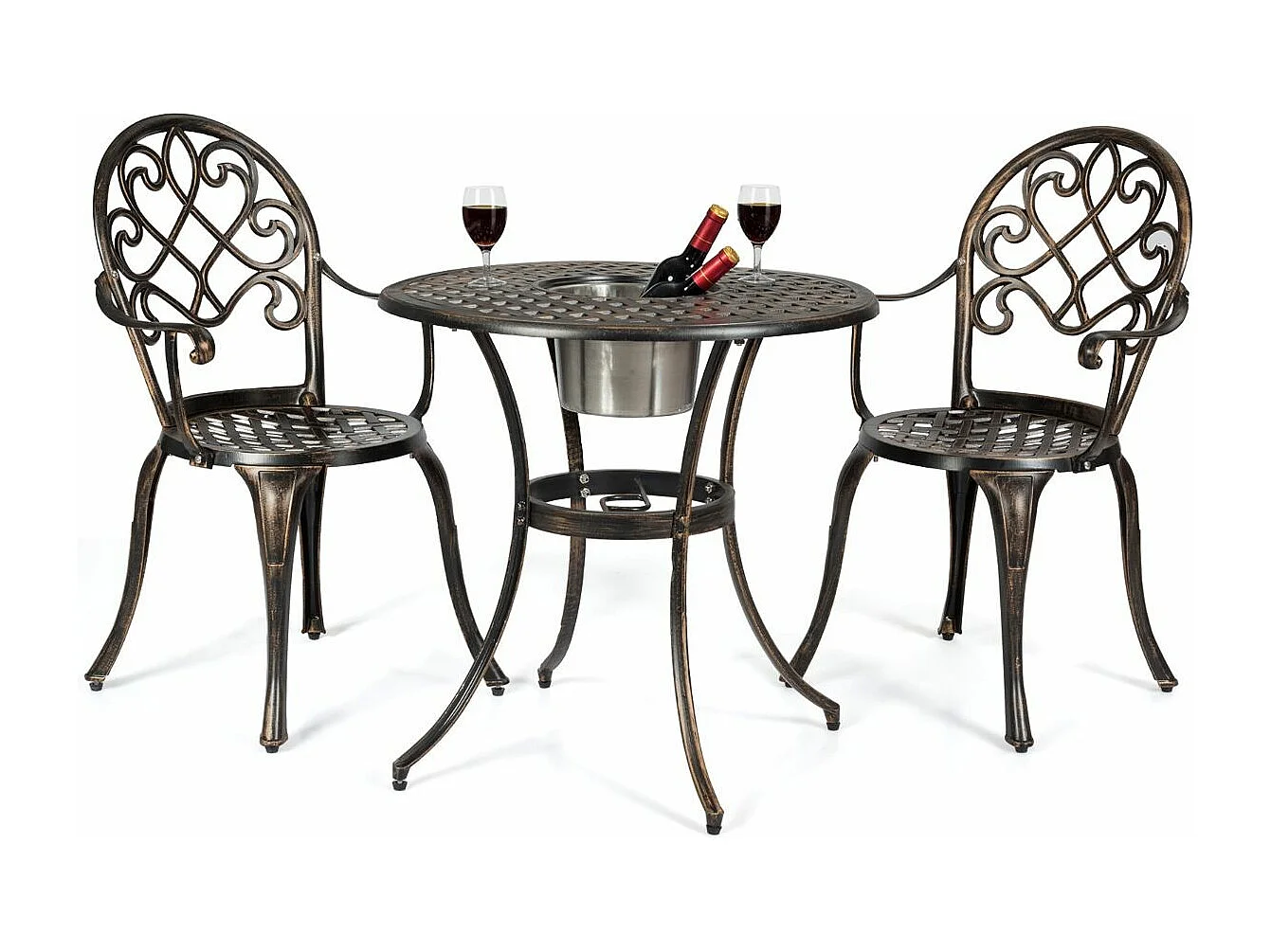 Ensemble Table et 2 Chaises pour Jardin 3 Pièces avec Seau à Glace Amovible Accoudoir en Fonte d'Aluminium, Salon de Jardin 3Pcs Style Antique, Charge 100KG (Bronze Antique)