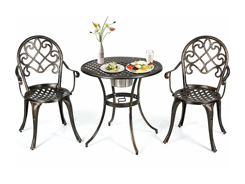 Ensemble Table et 2 Chaises pour Jardin 3 Pièces avec Seau à Glace Amovible Accoudoir en Fonte d'Aluminium, Salon de Jardin 3Pcs Style Antique, Charge 100KG (Bronze Antique)