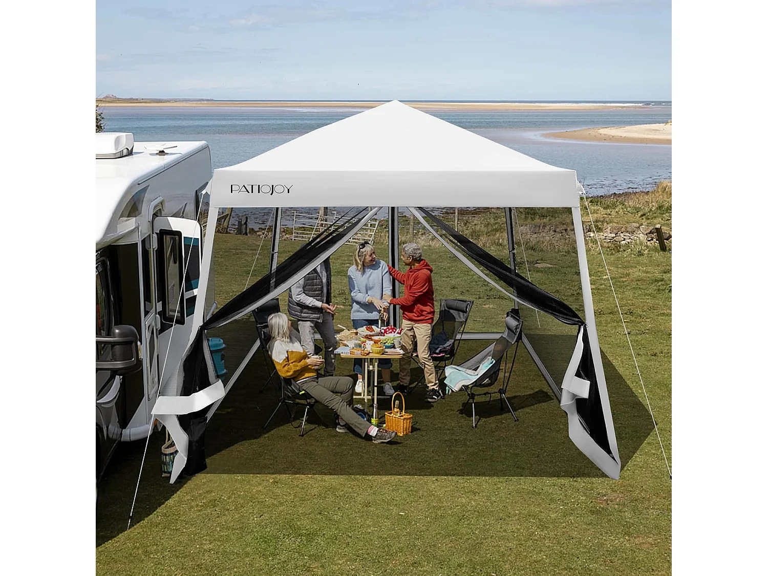 Tonnelle Pliante 3 M x 3 M Imperméable Protection UV/Tente Réglable en Hauteur avec Parois en Maille Sac de Transport pour Patio, Camping (Blanc)