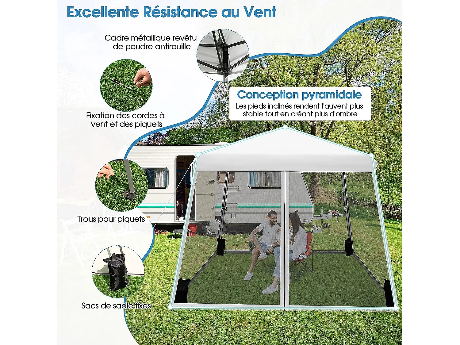 Tonnelle Pliante 3 M x 3 M Imperméable Protection UV/Tente Réglable en Hauteur avec Parois en Maille Sac de Transport pour Patio, Camping (Blanc)