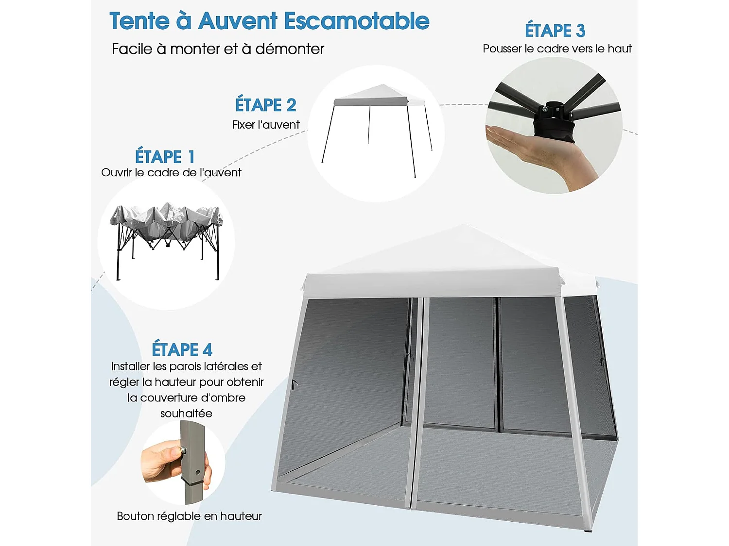 3M x 3M opvouwbare paviljoen, waterdichte uv-bescherming, in hoogte verstelbare tent met gaaswanden en draagtas voor terras en camping (wit)