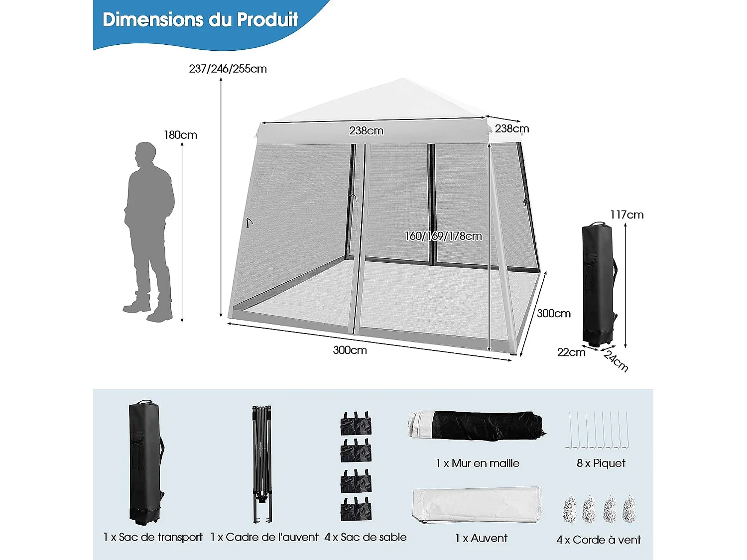 3M x 3M opvouwbare paviljoen, waterdichte uv-bescherming, in hoogte verstelbare tent met gaaswanden en draagtas voor terras en camping (wit)
