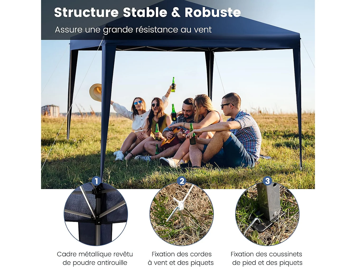 Tonnelle de Jardin Instantanée Pliable 295x295CM, Tente de Jardin Anti-UV Imperméable 3 Hauteurs 249/252/255 cm Sac de Rangement, pour Marché Patio CamBoisg Bleu