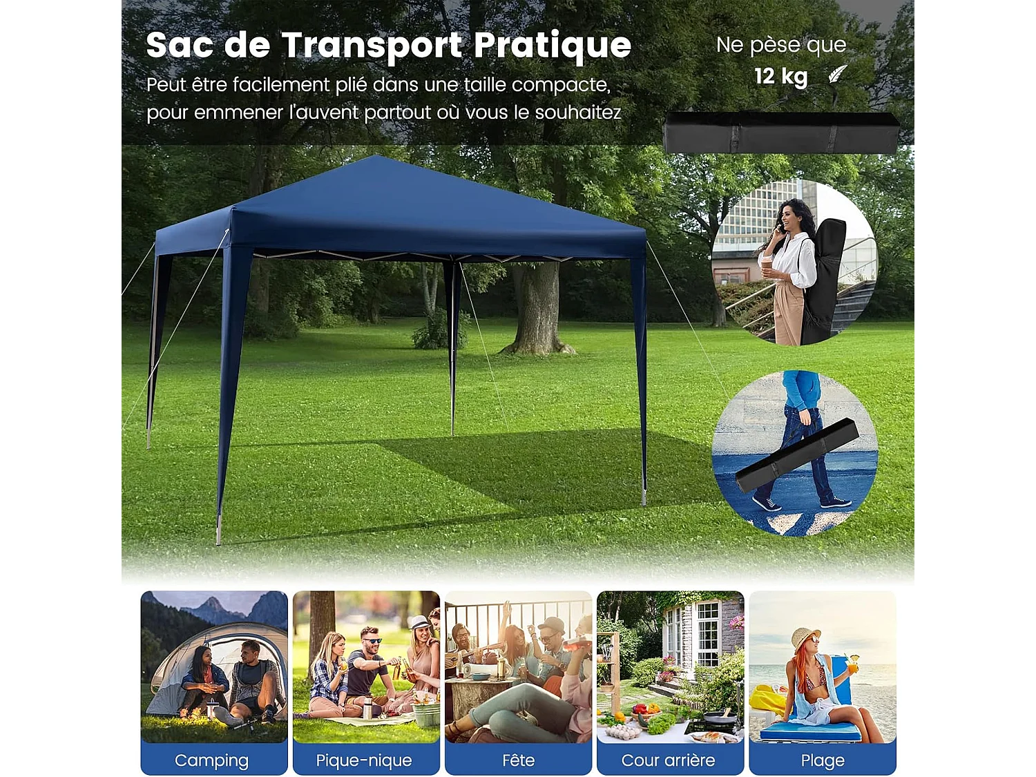 Tonnelle de Jardin Instantanée Pliable 295x295CM, Tente de Jardin Anti-UV Imperméable 3 Hauteurs 249/252/255 cm Sac de Rangement, pour Marché Patio CamBoisg Bleu