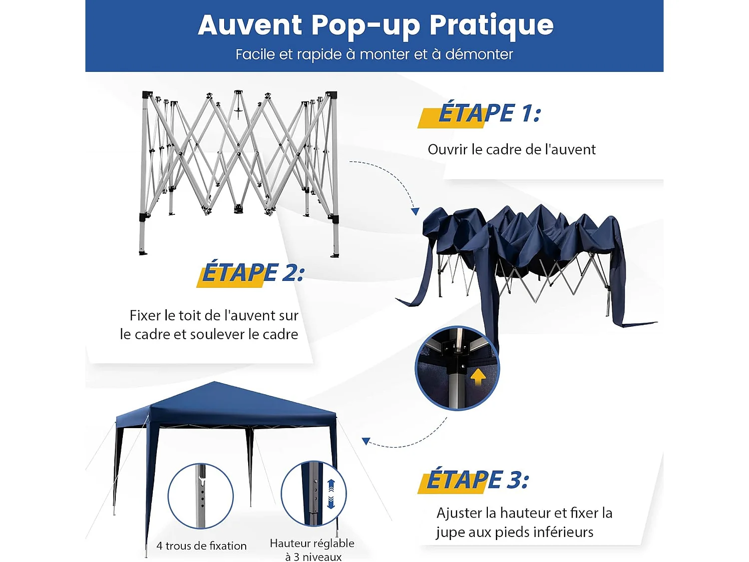 Tonnelle de Jardin Instantanée Pliable 295x295CM, Tente de Jardin Anti-UV Imperméable 3 Hauteurs 249/252/255 cm Sac de Rangement, pour Marché Patio CamBoisg Bleu