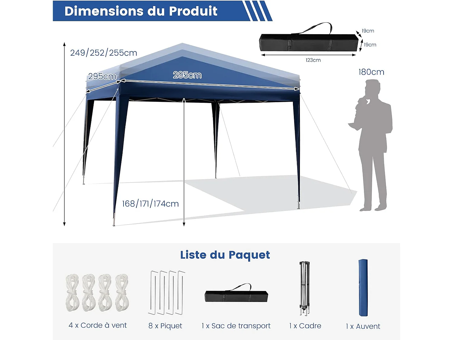 Tonnelle de Jardin Instantanée Pliable 295x295CM, Tente de Jardin Anti-UV Imperméable 3 Hauteurs 249/252/255 cm Sac de Rangement, pour Marché Patio CamBoisg Bleu