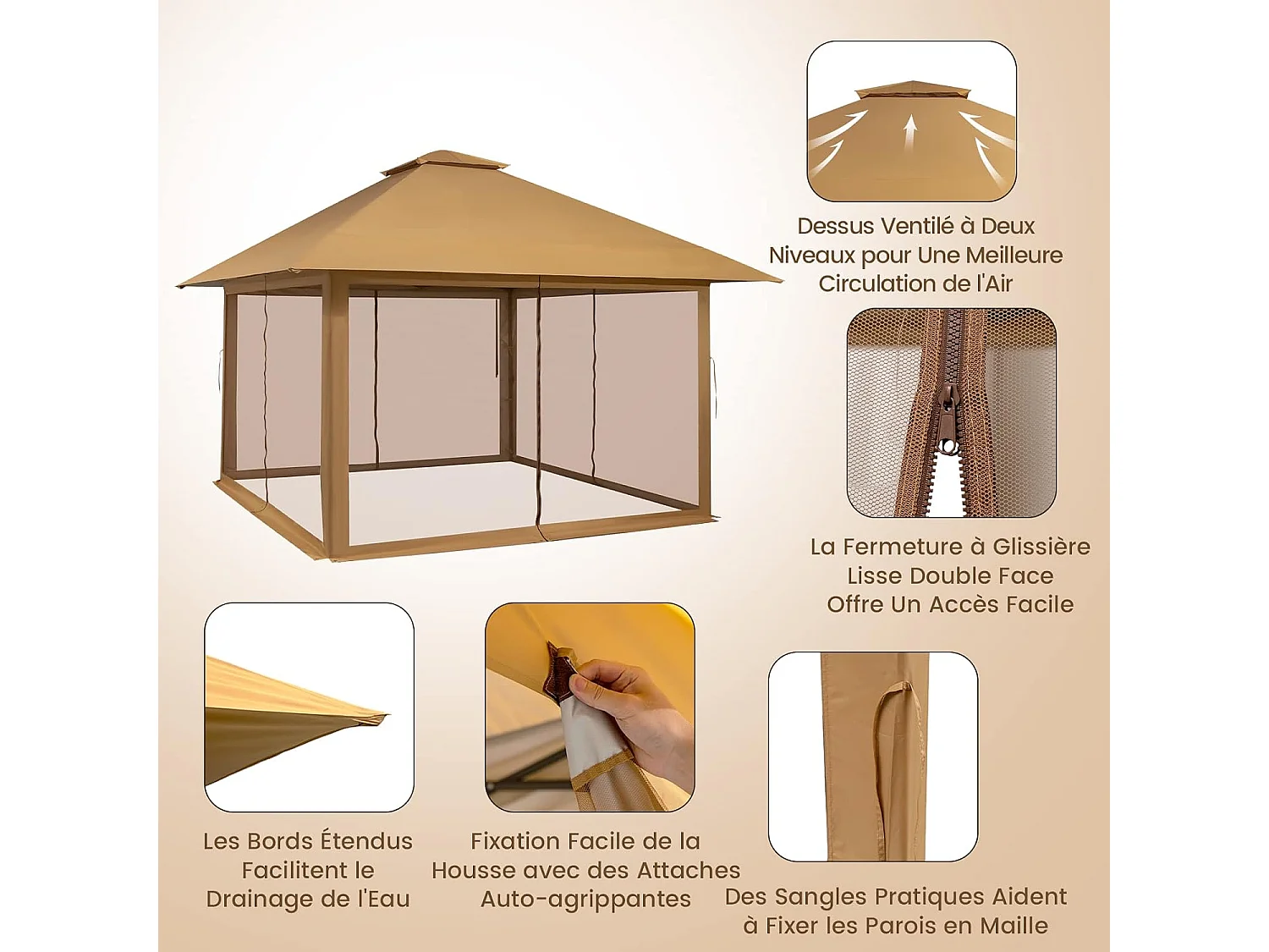 Tonnelle de Jardin Pliante 4 x 4M Pop-up avec Parois Latérales en Maille à Fermeture Éclair
