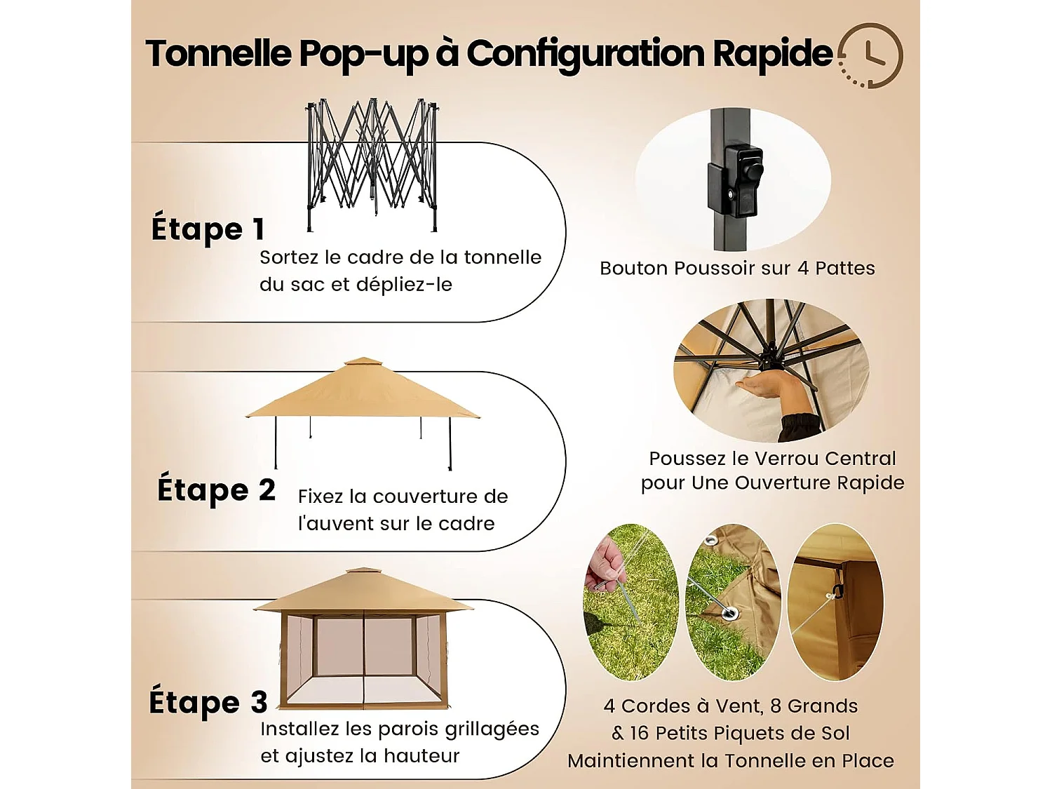 Tonnelle de Jardin Pliante 4 x 4M Pop-up avec Parois Latérales en Maille à Fermeture Éclair