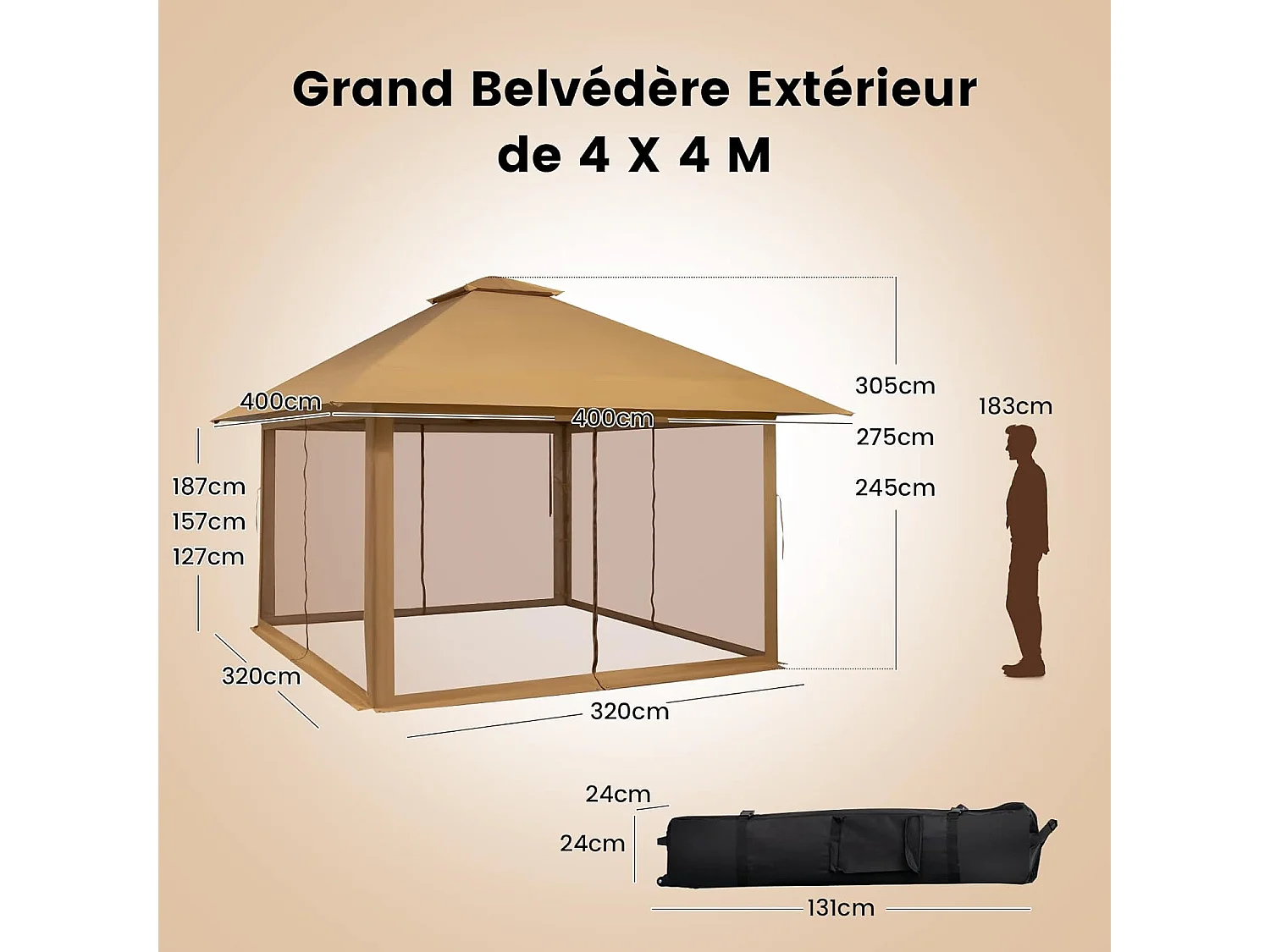 Tonnelle de Jardin Pliante 4 x 4M Pop-up avec Parois Latérales en Maille à Fermeture Éclair