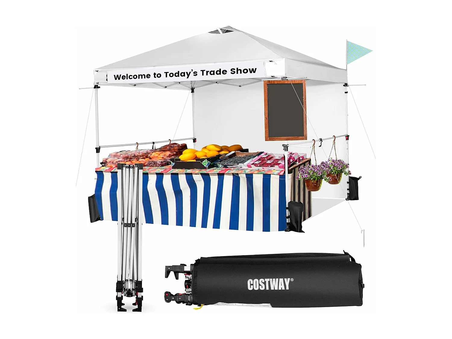 Tonnelle pop-up 3x3 m avec Paroi Latérale, Pavillon de Jardin Pliable avec Barres Transversales Suspendues, Bandes bannières et Sac à Roulettes, Protection UV 50+ (Blanc)
