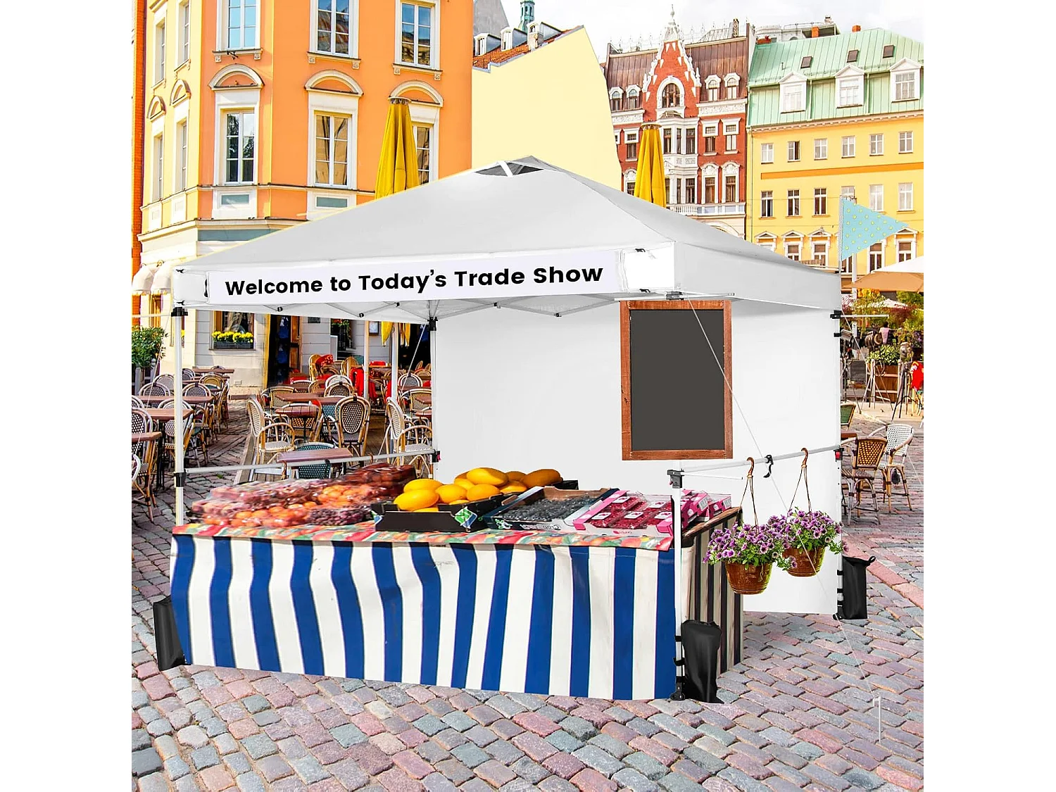 Tonnelle pop-up 3x3 m avec Paroi Latérale, Pavillon de Jardin Pliable avec Barres Transversales Suspendues, Bandes bannières et Sac à Roulettes, Protection UV 50+ (Blanc)