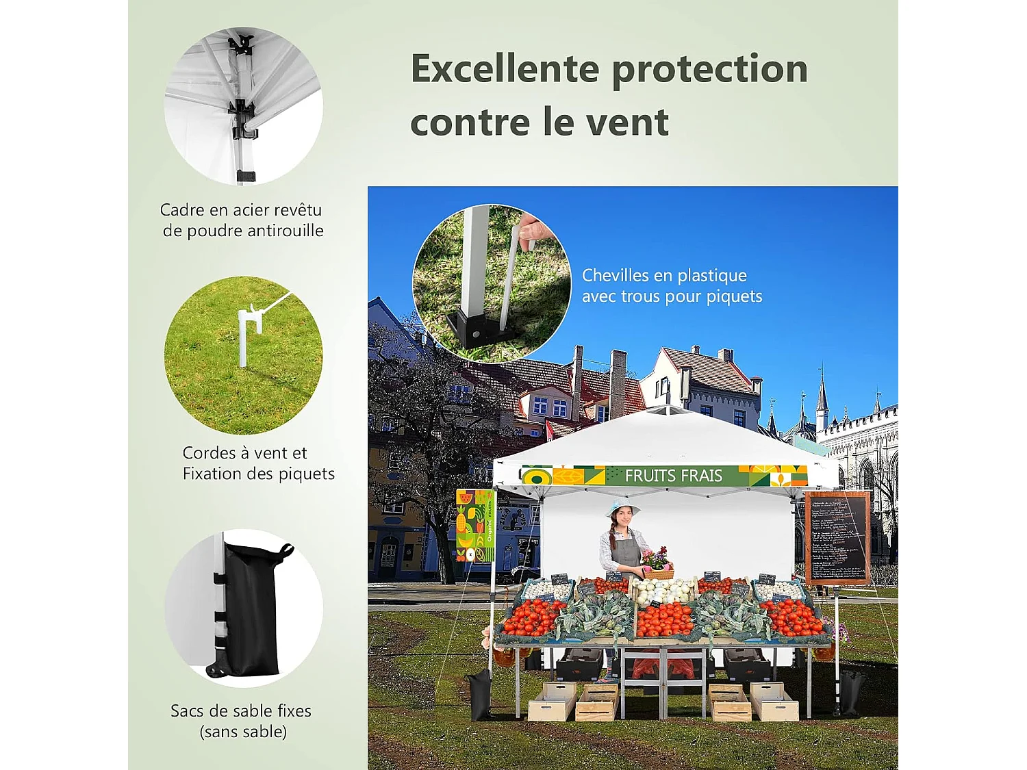Tonnelle pop-up 3x3 m avec Paroi Latérale, Pavillon de Jardin Pliable avec Barres Transversales Suspendues, Bandes bannières et Sac à Roulettes, Protection UV 50+ (Blanc)