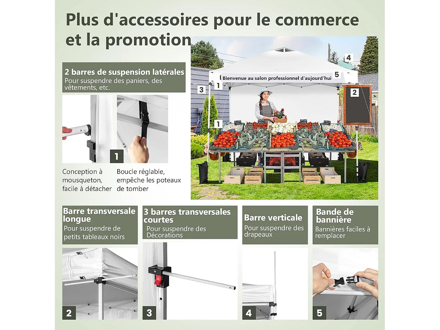 Tonnelle pop-up 3x3 m avec Paroi Latérale, Pavillon de Jardin Pliable avec Barres Transversales Suspendues, Bandes bannières et Sac à Roulettes, Protection UV 50+ (Blanc)