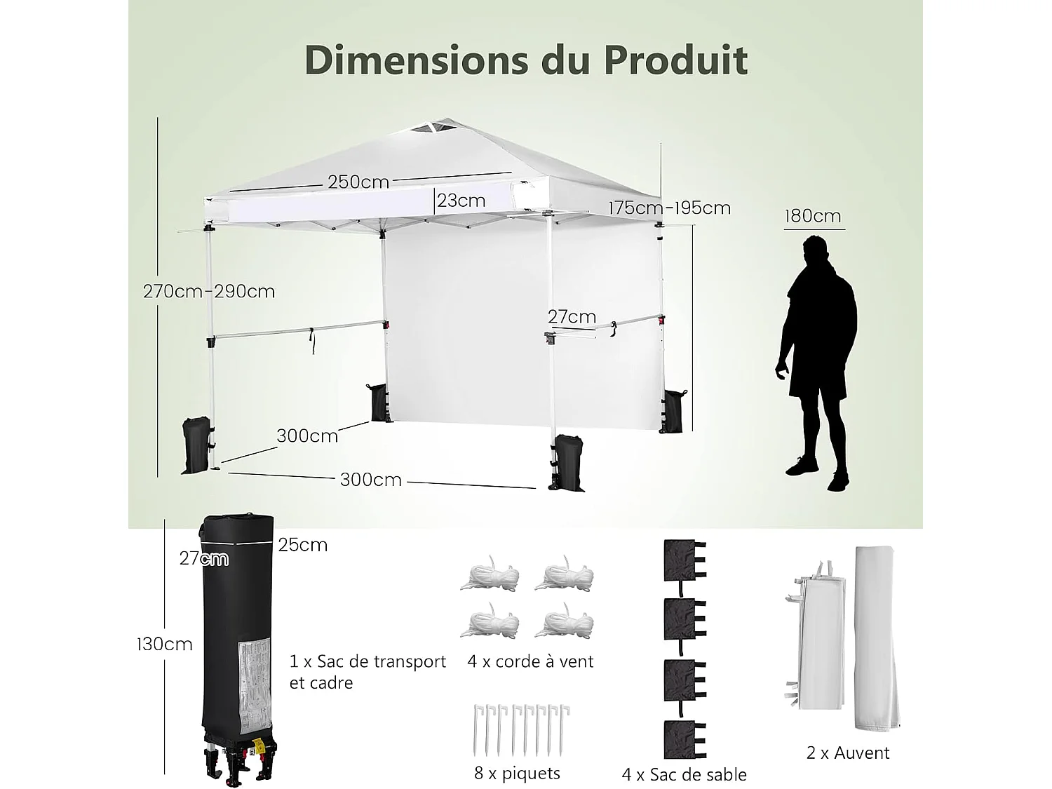 Tonnelle pop-up 3x3 m avec Paroi Latérale, Pavillon de Jardin Pliable avec Barres Transversales Suspendues, Bandes bannières et Sac à Roulettes, Protection UV 50+ (Blanc)