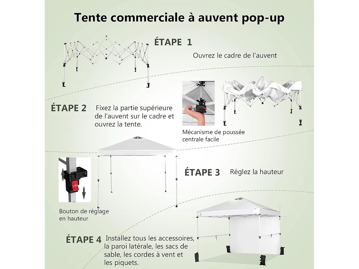Tonnelle pop-up 3x3 m avec Paroi Latérale, Pavillon de Jardin Pliable avec Barres Transversales Suspendues, Bandes bannières et Sac à Roulettes, Protection UV 50+ (Blanc)